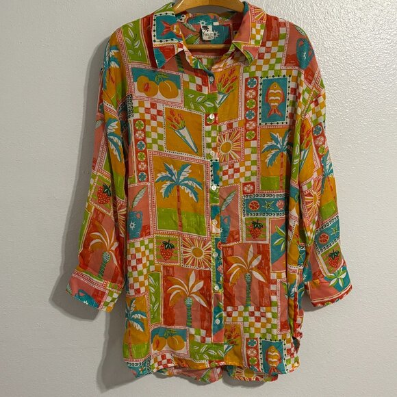 Violet Sky Tropical Patchwork Blouse Women’s 2X Colorful Palm Tree Print Shirt - Picture 1 of 11